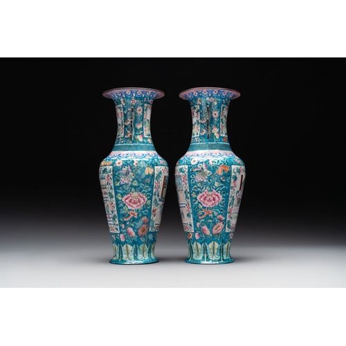 158 - A pair of Chinese Canton enamel vases with narrative design, 19th C.H.: 33 cm The absence of a condi... 