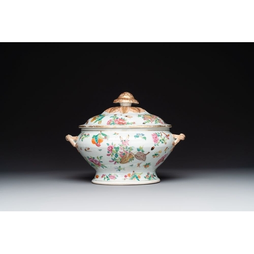 183 - A Chinese Canton famille rose covered tureen on stand with flowers, fruits and insects, 19th C.L.: 3... 