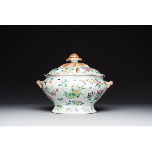 183 - A Chinese Canton famille rose covered tureen on stand with flowers, fruits and insects, 19th C.L.: 3... 