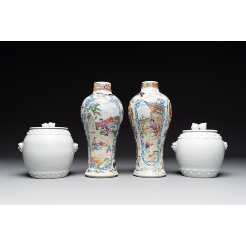 195 - A pair of Chinese Canton famille rose vases and a pair of Dehua blanc de Chine drum-shaped covered j... 