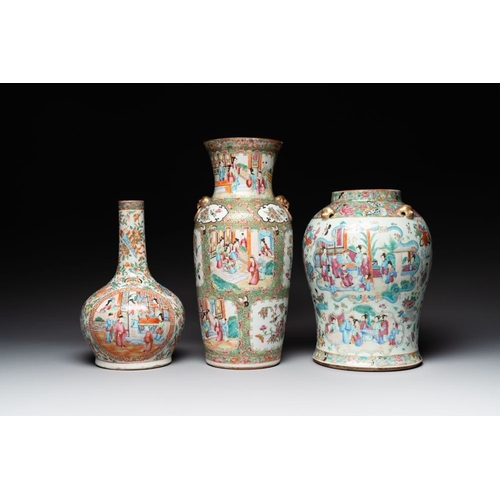 196 - Three Chinese Canton famille rose vases with narrative design, 19th C.H.: 22 cm (the tallest)H.: 33 ... 