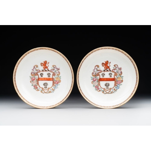 218 - A pair of Chinese armorial famille rose cups and saucers with the arms of Tyndall for the English ma... 