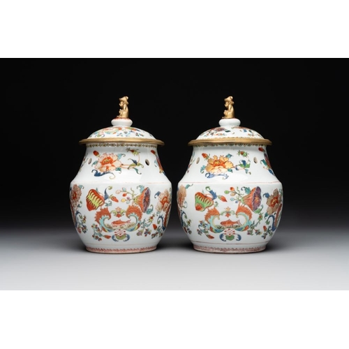 230 - A pair of Chinese famille rose 'Madame de Pompadour' pot-pourri jars with bronze-mounted covers, Qia... 