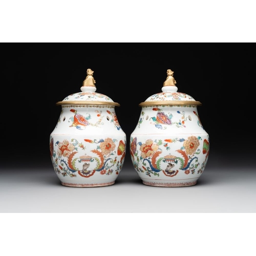 230 - A pair of Chinese famille rose 'Madame de Pompadour' pot-pourri jars with bronze-mounted covers, Qia... 