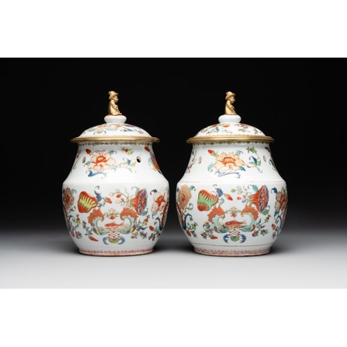 230 - A pair of Chinese famille rose 'Madame de Pompadour' pot-pourri jars with bronze-mounted covers, Qia... 