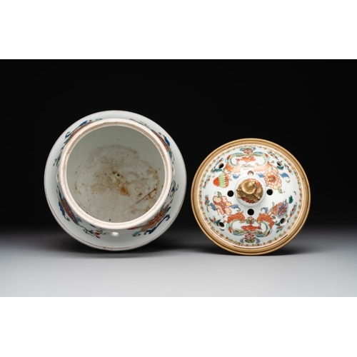 230 - A pair of Chinese famille rose 'Madame de Pompadour' pot-pourri jars with bronze-mounted covers, Qia... 