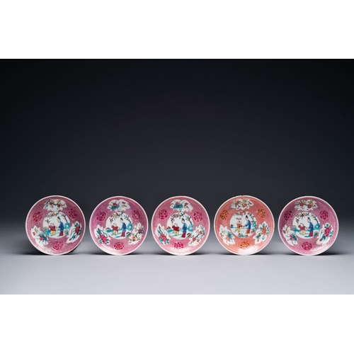 233 - Five Chinese famille rose cups and saucers with figures, YongzhengDia.: 10,4 cm (the saucers)Dia.: 6... 