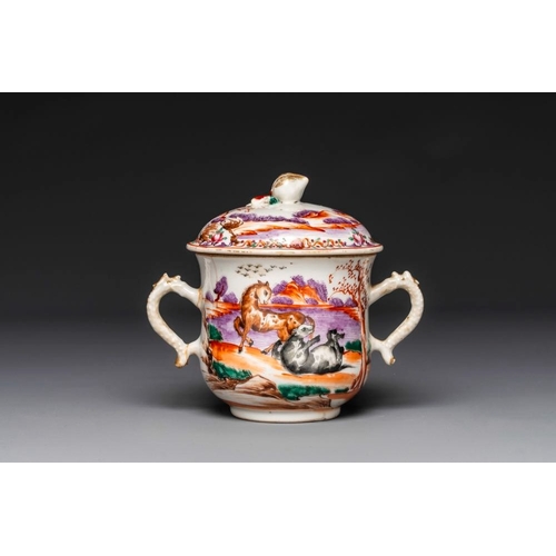 234 - Four Chinese famille rose cups and saucers and a sugar bowl with design of two horses, QianlongH.: 1... 