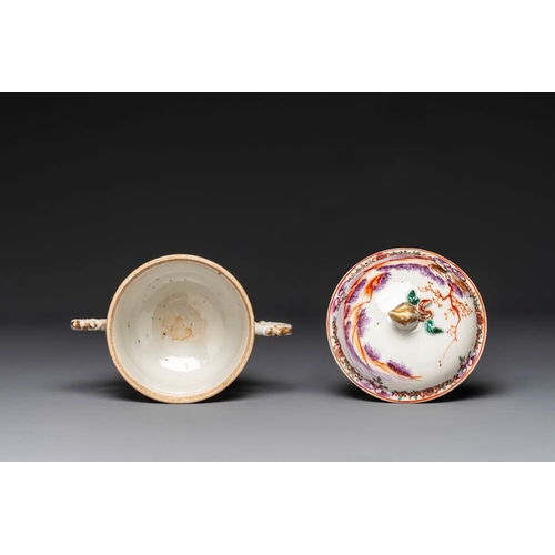 234 - Four Chinese famille rose cups and saucers and a sugar bowl with design of two horses, QianlongH.: 1... 