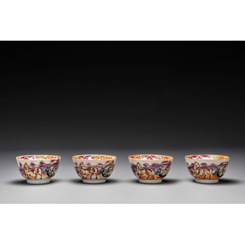 235 - Four Chinese famille rose cups and saucers and an ewer with design of two horses, QianlongL.: 19 cm ... 