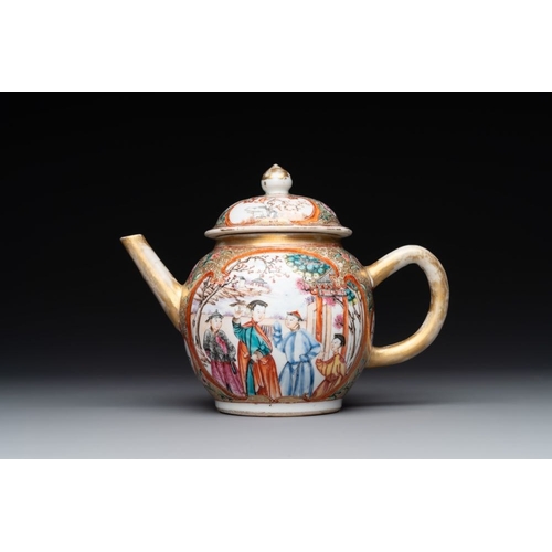 236 - A Chinese Canton famille rose 'mandarin subject' covered teapot and a pair of saucers, QianlongL.: 1... 