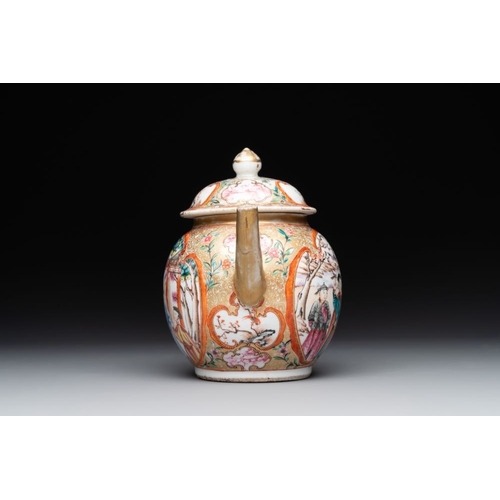 236 - A Chinese Canton famille rose 'mandarin subject' covered teapot and a pair of saucers, QianlongL.: 1... 