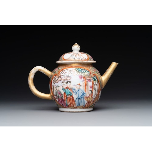 236 - A Chinese Canton famille rose 'mandarin subject' covered teapot and a pair of saucers, QianlongL.: 1... 