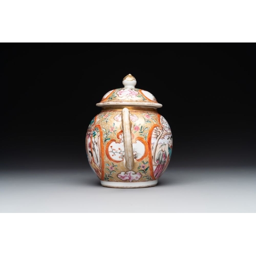 236 - A Chinese Canton famille rose 'mandarin subject' covered teapot and a pair of saucers, QianlongL.: 1... 