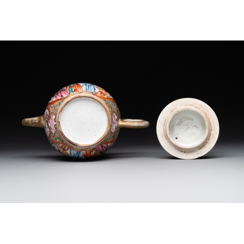 236 - A Chinese Canton famille rose 'mandarin subject' covered teapot and a pair of saucers, QianlongL.: 1... 