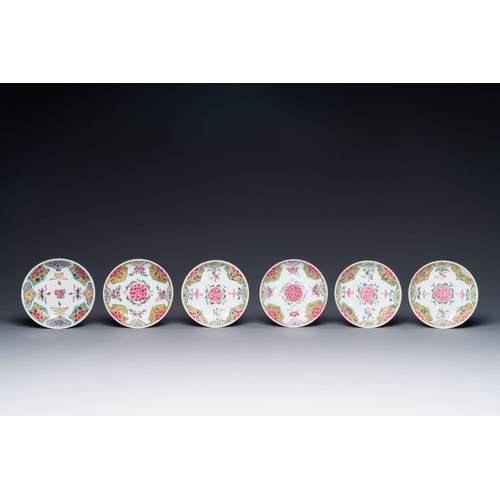 239 - Five Chinese famille rose cups and six saucers with floral decor, Yongzheng/QianlongDia.: 6,7 cm - H... 