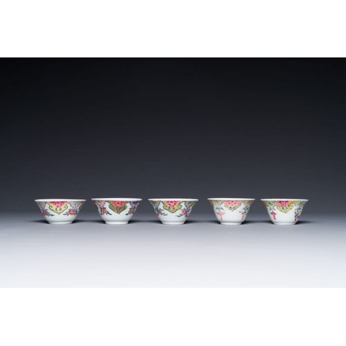 239 - Five Chinese famille rose cups and six saucers with floral decor, Yongzheng/QianlongDia.: 6,7 cm - H... 