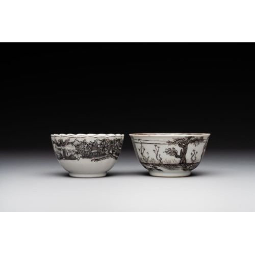 249 - Two Chinese export grisaille cups and saucers and a plate, QianlongDia.: 22,7 cm (the plate)Dia.: 8 ... 