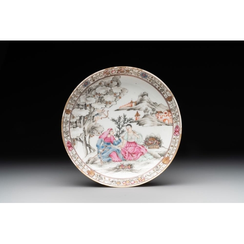 254 - A Chinese famille rose 'erotic subject' cup and saucer, Yongzheng/QianlongDia.: 13 cm (the saucer)Di... 