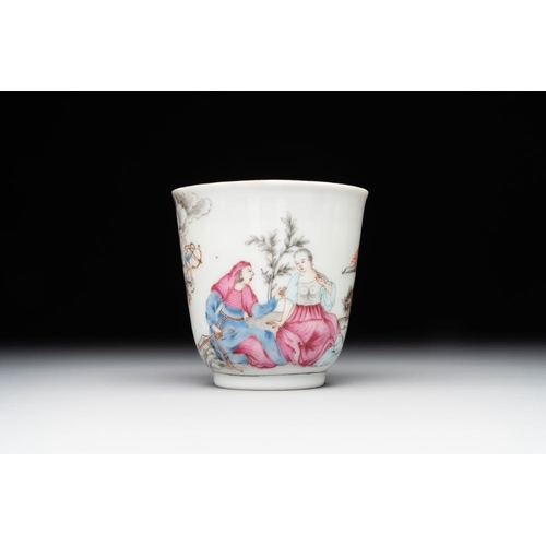 254 - A Chinese famille rose 'erotic subject' cup and saucer, Yongzheng/QianlongDia.: 13 cm (the saucer)Di... 