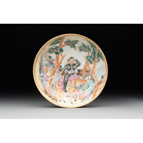 255 - A Chinese famille rose 'Don Quixote' cup and saucer, 18/19th C.Dia.: 8 cm - H.: 4,5 cm (the cup)Dia.... 