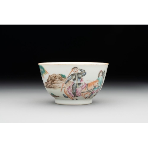 255 - A Chinese famille rose 'Don Quixote' cup and saucer, 18/19th C.Dia.: 8 cm - H.: 4,5 cm (the cup)Dia.... 