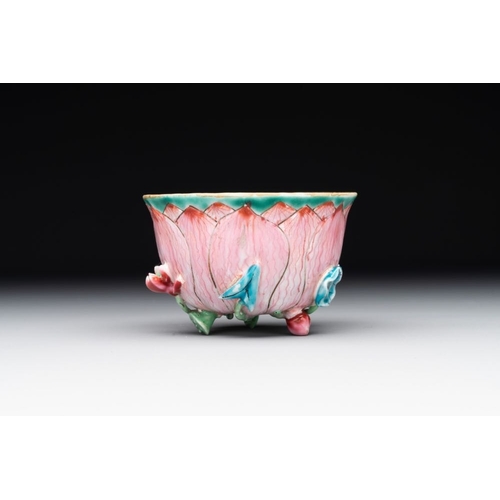 256 - A Chinese famille rose relief-decorated 'lotus' cup and saucer, YongzhengDia.: 12,5 cm (the saucer)D... 