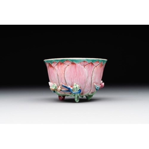 256 - A Chinese famille rose relief-decorated 'lotus' cup and saucer, YongzhengDia.: 12,5 cm (the saucer)D... 