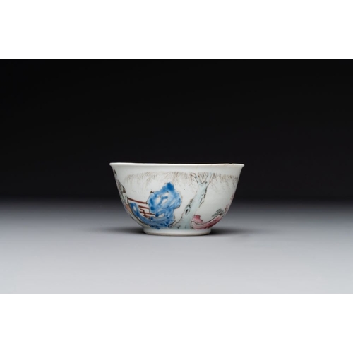 258 - A Chinese famille rose cup and saucer with music making ladies, Yongzheng/QianlongDia.: 12 cm (the s... 