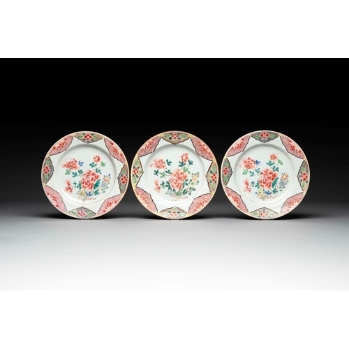 287 - Two sets of six Chinese famille rose plates with peonies, Yongzheng/QianlongDia.: 23 cm (the largest... 