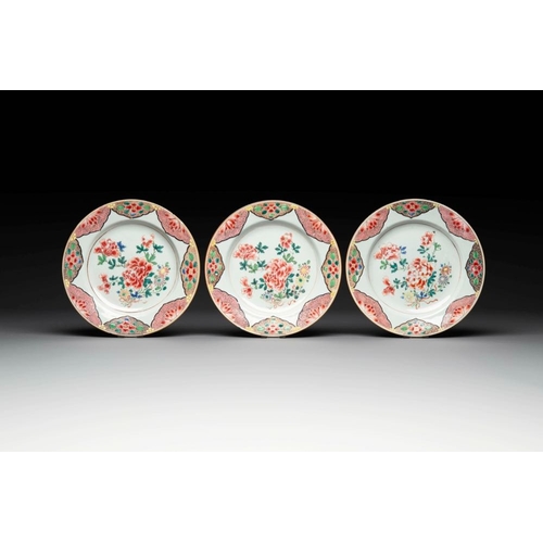 287 - Two sets of six Chinese famille rose plates with peonies, Yongzheng/QianlongDia.: 23 cm (the largest... 