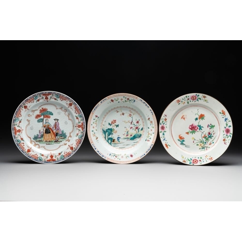 288 - A Chinese famille rose dish, two plates and a Dutch-decorated plate, QianlongDia.: 28 cm (the larges... 