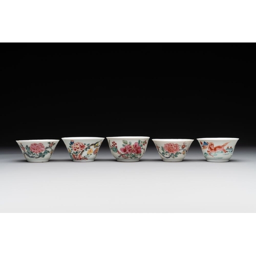 299 - Five Chinese famille rose cups and saucers with horses, birds and flowers, Yongzheng/QianlongDia.: 1... 