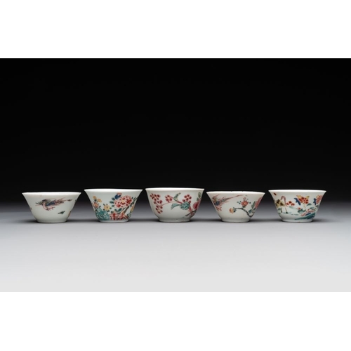 299 - Five Chinese famille rose cups and saucers with horses, birds and flowers, Yongzheng/QianlongDia.: 1... 