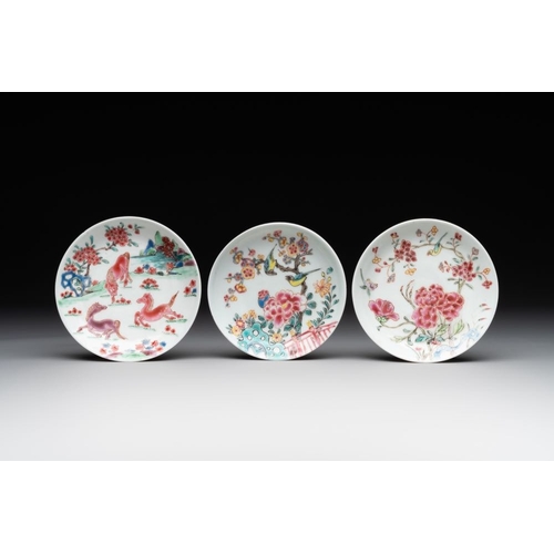 299 - Five Chinese famille rose cups and saucers with horses, birds and flowers, Yongzheng/QianlongDia.: 1... 