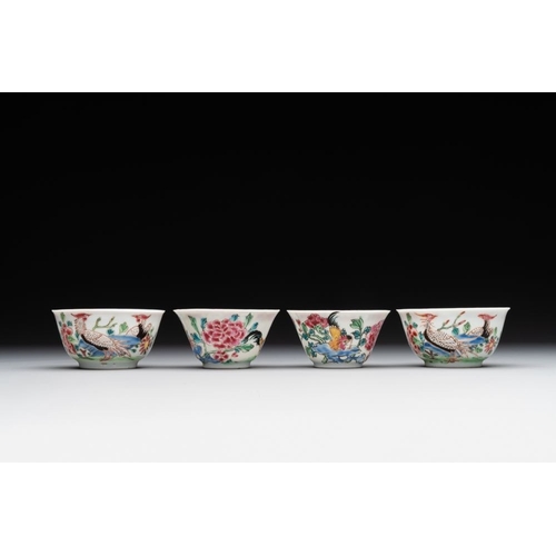 300 - Two pairs of Chinese famille rose cups and saucers with pheasants and roosters, Yongzheng/QianlongDi... 