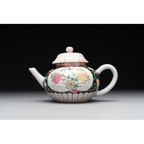 303 - A Chinese famille rose black-ground teapot with cover and stand and a sauceboat, QianlongDim.: 19,6 ... 