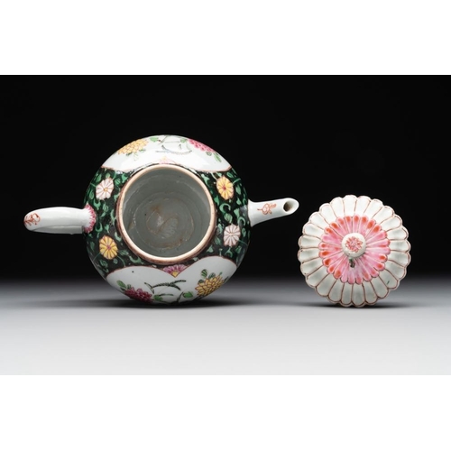 303 - A Chinese famille rose black-ground teapot with cover and stand and a sauceboat, QianlongDim.: 19,6 ... 