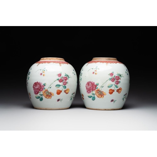 327 - A pair of fine Chinese famille rose 'botanical Merian-style' jars with wooden covers, QianlongH.: 22... 