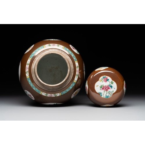 328 - A pair of Chinese capucin-brown-ground famille rose covered jars with floral design, Yongzheng/Qianl... 