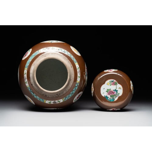 328 - A pair of Chinese capucin-brown-ground famille rose covered jars with floral design, Yongzheng/Qianl... 