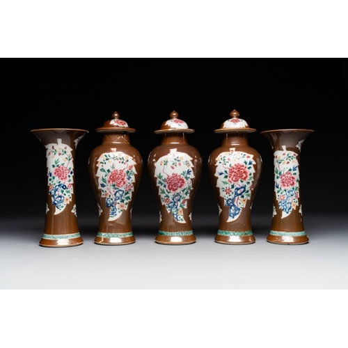 329 - A Chinese capucin-brown-ground famille rose garniture of five vases with floral design, QianlongH.: ... 