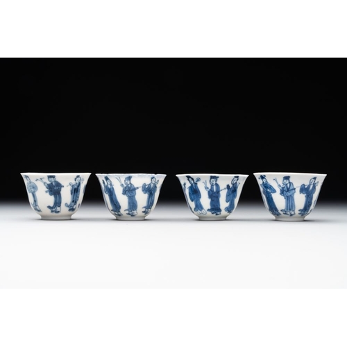 344 - Four Chinese blue and white 'Eight Immortals' cups and saucers and five saucers, Chenghua and Lu mar... 