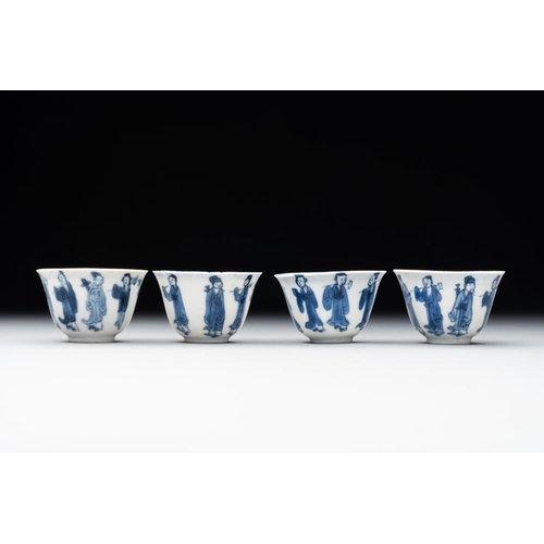 344 - Four Chinese blue and white 'Eight Immortals' cups and saucers and five saucers, Chenghua and Lu mar... 