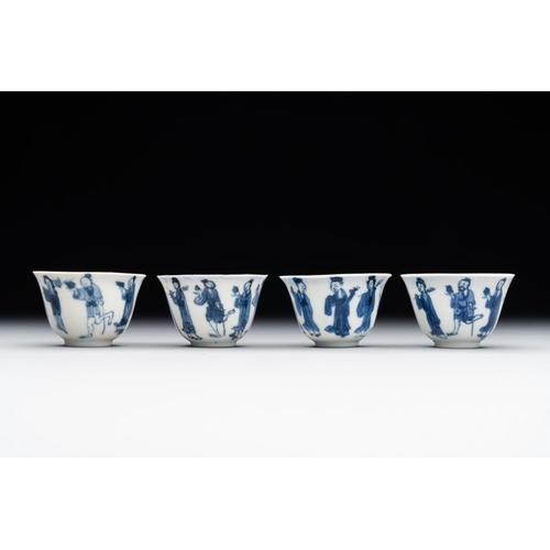 344 - Four Chinese blue and white 'Eight Immortals' cups and saucers and five saucers, Chenghua and Lu mar... 