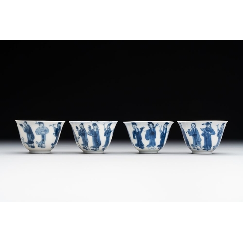 344 - Four Chinese blue and white 'Eight Immortals' cups and saucers and five saucers, Chenghua and Lu mar... 