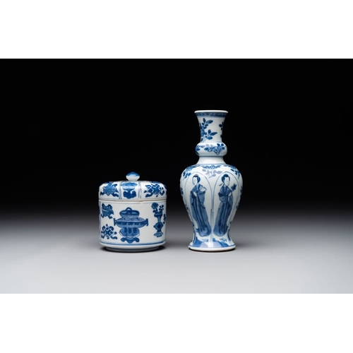 345 - A Chinese blue and white vase, a covered bowl and six saucers, Chenghua and artemisia leaf mark, Kan... 