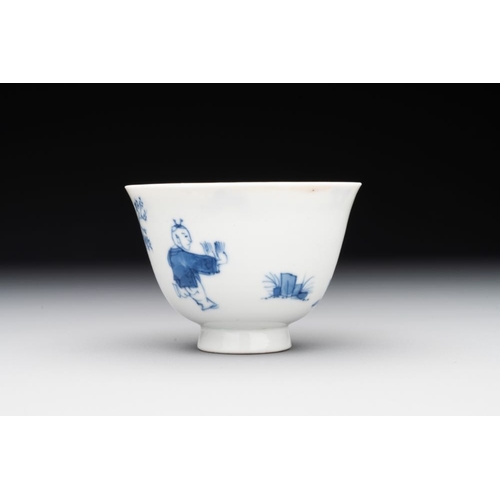 348 - A Chinese blue and white 'Long Eliza and playing boy' cup and saucer, Qi Yu Mei Zhi and Bi Yu Tang Z... 