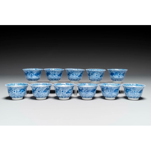 351 - Eleven Chinese blue and white 'crab and fish' cups and saucers, Kangxi mark, GuangxuDia.: 13,6 cm (t... 