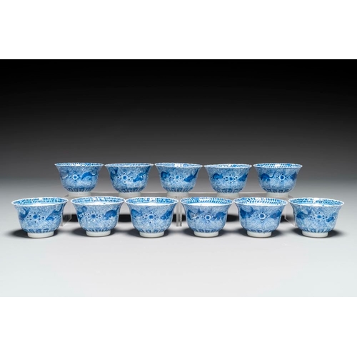 351 - Eleven Chinese blue and white 'crab and fish' cups and saucers, Kangxi mark, GuangxuDia.: 13,6 cm (t... 